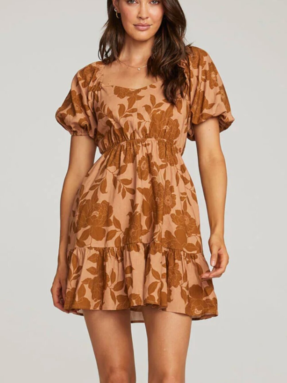 Saltwater Luxe NWT Nix Mini Dress Brown Floral Puff Sleeves